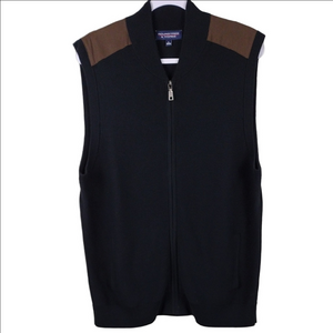 Roundtree & Yorke Black Ribbed Knit Brown Suede V-Neck Zip Up Sweater Vest